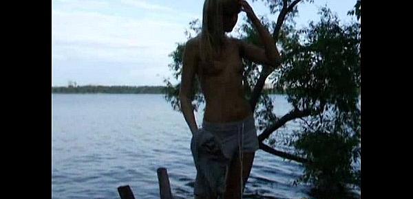  Gorgeous blonde model strips by the lake